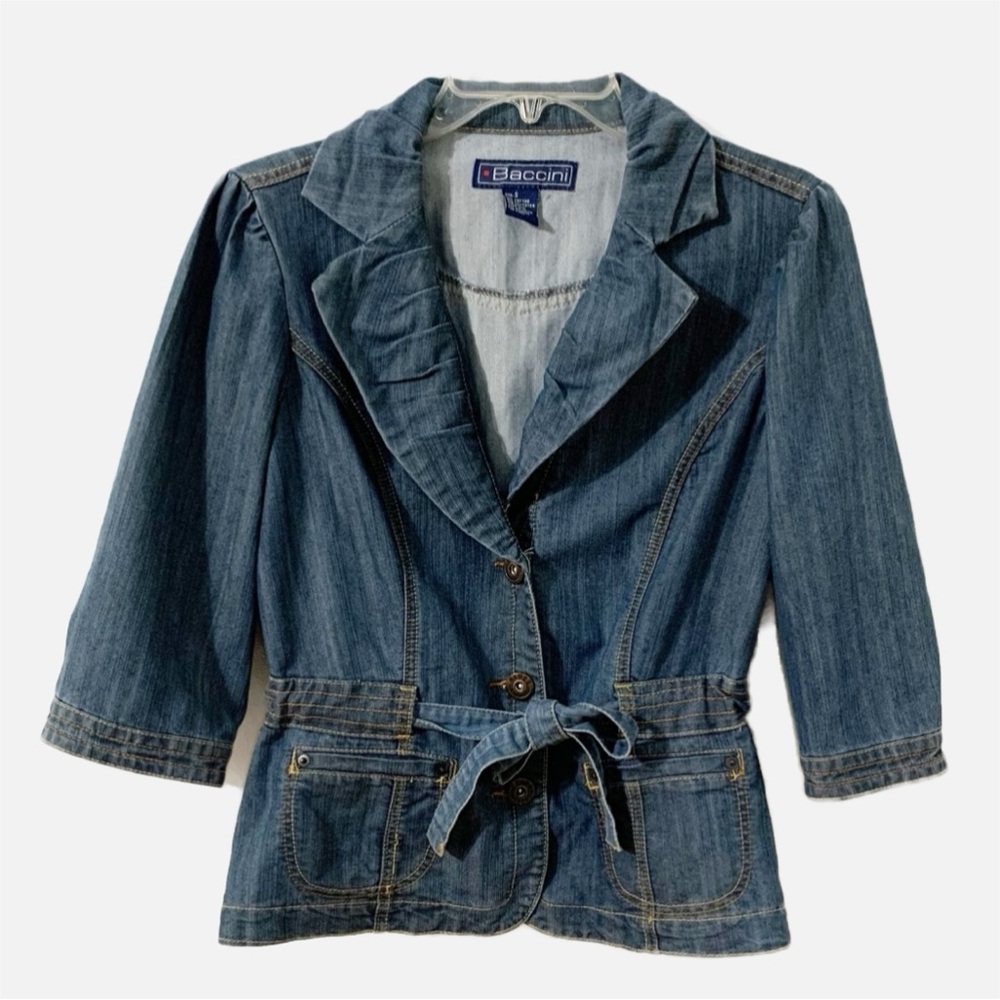 Baccini Button Front Tie Waist Belted Denim Jacket Pockets Three Quarter Sleeves